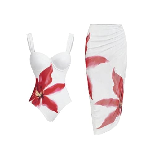 Cethrio Plus Size Vintage Printed Bodystyle Swimwear with Sarong Wrap Skirt