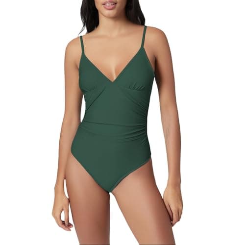 Women's Tummy Control One Piece Suspender Swimsuit Deep V Neck Ruched Bathing Suit