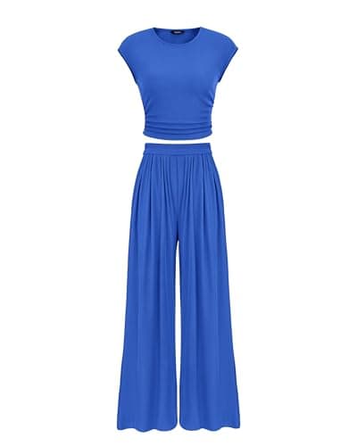PRETTYGARDEN Women's Summer 2-Piece Outfits Cap Sleeve Ruched T-Shirt Wide Leg Pant Set