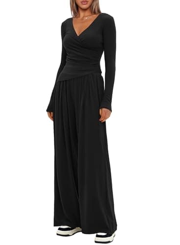 Darong Women's Lounge OutfitSet: V-Neck Shirts & Wide Leg Pants