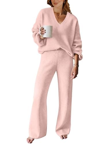 ANRABESS Women's Long Sleeve Cable Knit Set with Wide Leg Pants