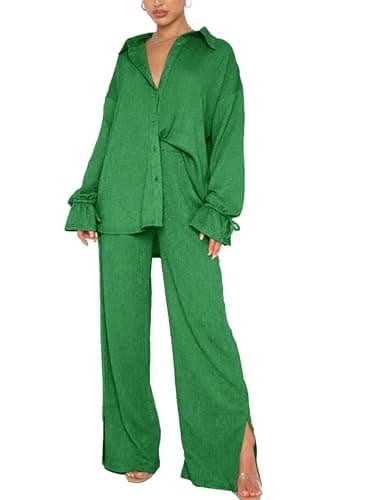 LYANER Women's Button Down Long Sleeve Shirt & Wide Leg Pants Set