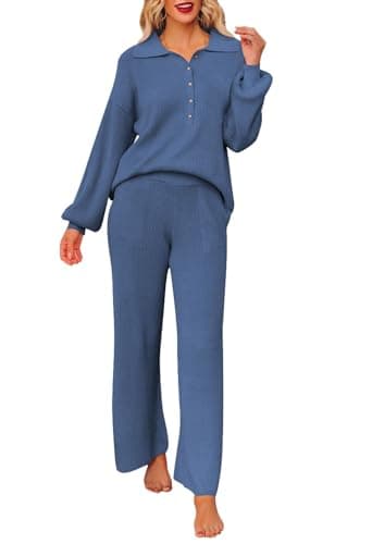 Pink Queen Women's Long Sleeve Button Knit Sweater Wide Leg Pants Outfit