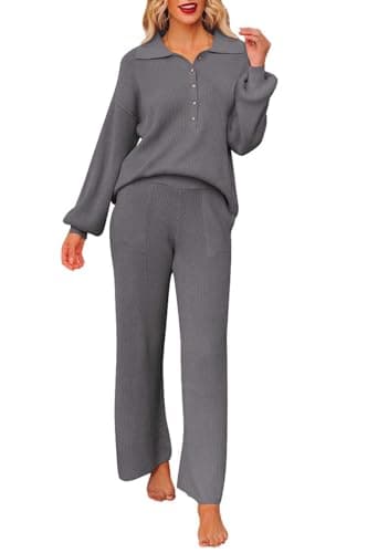 Pink Queen Women's Long Sleeve Button Knit Sweater Wide Leg Pants Outfit