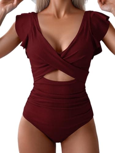 B2prity Women's Slimming V-Neck One Piece Swimwear with Ruffle Cutout