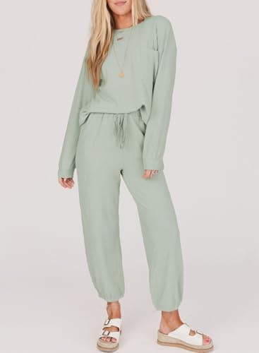 SHEWIN Women's Waffle Knit Lounge Sets Casual Long Sleeve Pullover Joggers