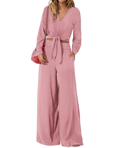 PrettyGarden Women's 2025 Spring V Neck Crop Top & Wide Leg Palazzo Pants Outfit Sets