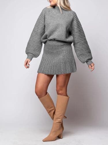 Zwurew Women's 2024 Long Sleeve Mock Neck Ribbed Sweater & Mini Skirt Set