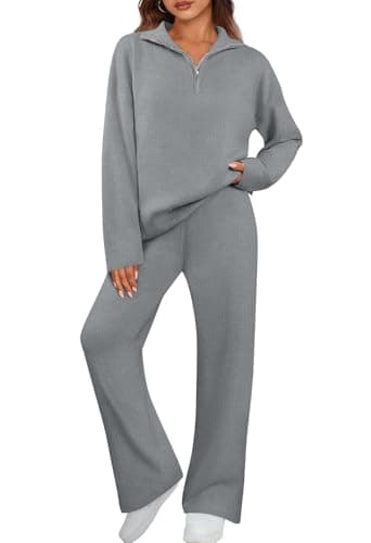 MEROKEETY Women's Long Sleeve Quarter Zip Knit Top & Wide Leg Pants Matching Set