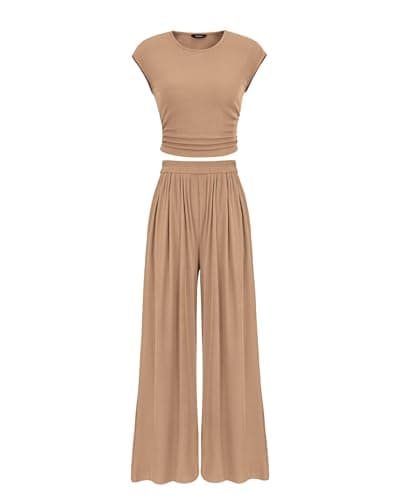 PRETTYGARDEN Women's Summer 2-Piece Outfits Cap Sleeve Ruched T-Shirt Wide Leg Pant Set