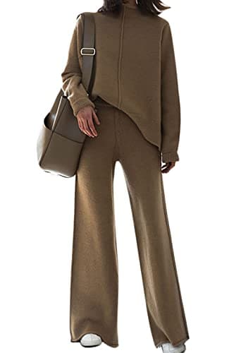 AOHITE Women's Long Sleeve Knit Sweater Top & Wide Leg Sweatpants Outfit Set