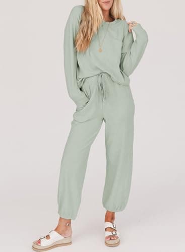 SHEWIN Women's Waffle Knit Lounge Sets Casual Long Sleeve Pullover Joggers