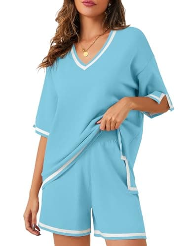 Bloggerlove Women Lightweight Knit Short Sets Lounge Sweater
