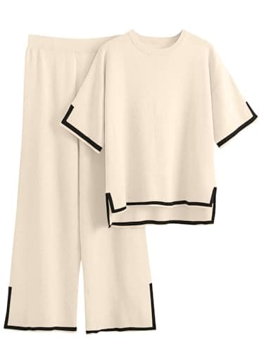 Women's 2 Piece Sweater Set with Short Sleeve Pullover and Wide Leg Pants