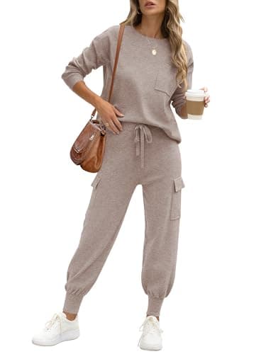 Caracilia Women's Long Sleeve Knit Outfit Matching Jogger Pants Fall Lounge Sets