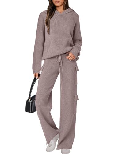 ANRABESS Women's Hooded Knit Sweater & Straight Leg Pants Fall Travel Outfit