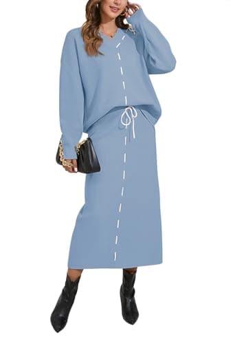 Pink Queen 2024 Women's V-Neck Sweater & Long Sleeve Maxi Skirt Casual Set