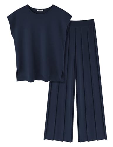 Ekouaer Women's Knit Cap Sleeve Tops & Wide Leg Pleated Pants Casual Sweater Sets