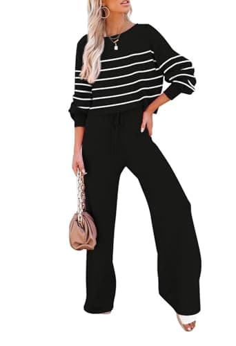 Pink Striped Knitted Sweater & Wide Leg Pants Outfit for Women Lounge Sets