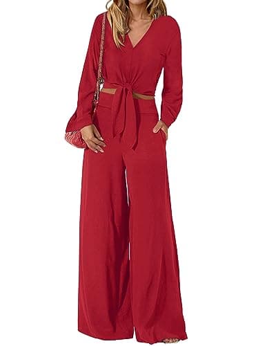 PrettyGarden Women's 2025 Spring V Neck Crop Top & Wide Leg Palazzo Pants Outfit Sets