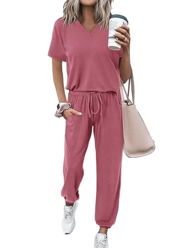 MASCOMODA Women's Summer V-NeckShort Sleeve Top & Long Pants Tracksuit