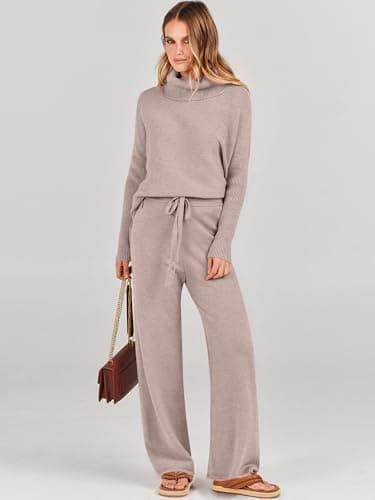 ANRABESS Women's Oversized Turtleneck Knit Pullover Sweatset Wide Leg Pants Fall Loungeewear