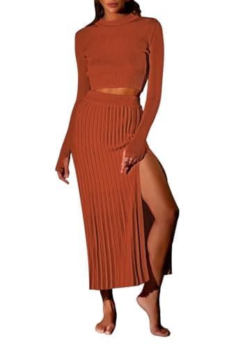 Pink Queen Women's 2-Piece Long Sleeve Crop Top & Ribbed Midi Skirt Knit Dress Set