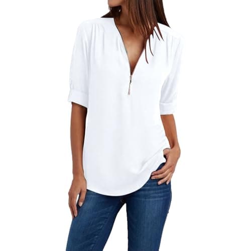 Trendy Plus Size Zip Front 3/4 Sleeve V Neck Summer Tops