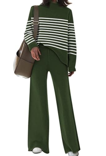 AOHITE Women's Long Sleeve Knit Sweater Top & Wide Leg Sweatpants Outfit Set