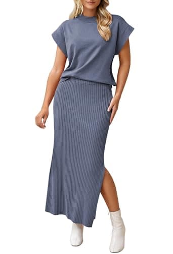 Pink Queen Women's Summer Cap Sleeve Sweater SET Bodycon Maxi Knit Dress