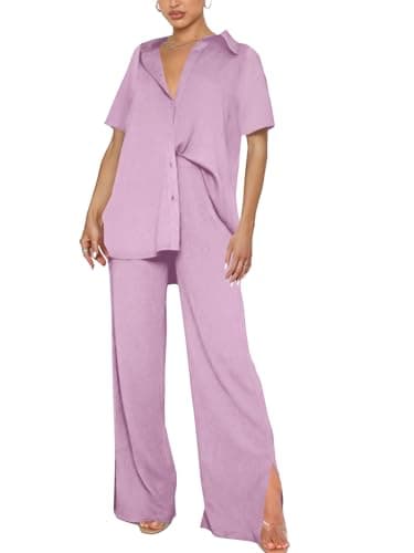 LYANER Women's Button Down Shirt & Wide Leg Pants Set