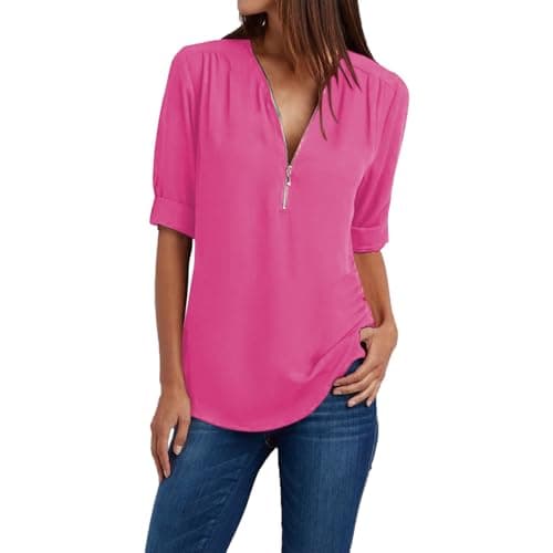 Trendy Plus Size Zip Front 3/4 Sleeve V Neck Summer Tops