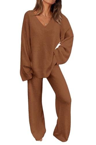 PRETTYGARDEN Women's Oversized V-Neck Sweater & Wide Leg Pants Fall Winter Set