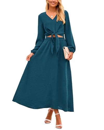 PRETTYGARDEN Women's Casual V-Neck Long Sleeve Crop Top & High Waist Midi Skirt Set