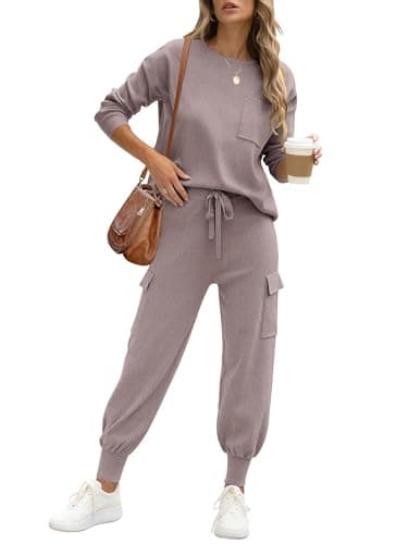 Caracilia Women's Long Sleeve Knit Outfit Matching Jogger Pants Fall Lounge Sets