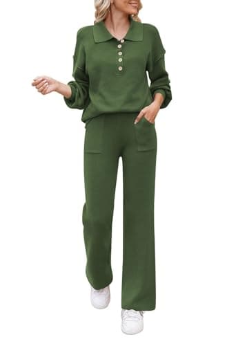 Pink Queen Women's Long Sleeve Button Knit Sweater Wide Leg Pants Outfit