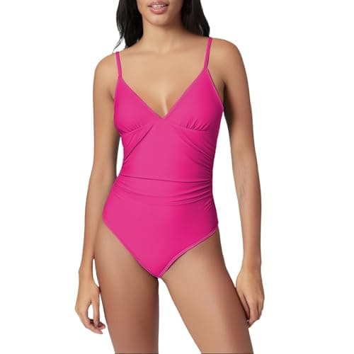 Women's Tummy Control One Piece Suspender Swimsuit Deep V Neck Ruched Bathing Suit