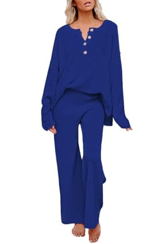 Pink Queen Women's Long Sleeve Button Sweater Top & Wide Leg Knit Pants Outfit Set
