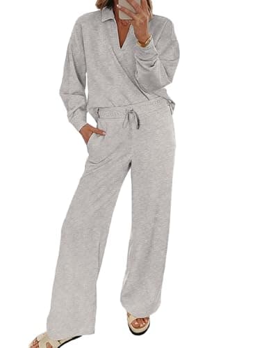 EVALESS Women V-Neck Sweatshirt & Wide Leg Sweatpants Lounge Set