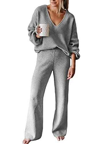Fixmatti Women's 2-Piece Long Sleeve Knit Sweater Set Wideleg Pants Outfit