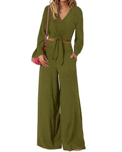 PrettyGarden Women's 2025 Spring V Neck Crop Top & Wide Leg Palazzo Pants Outfit Sets