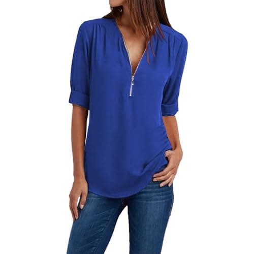 Trendy Plus Size Zip Front 3/4 Sleeve V Neck Summer Tops