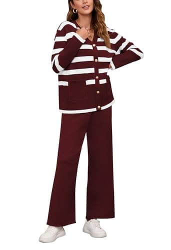 Viottiset Women's Stripe Sweatsuit Set: Long Sleeve Button Sweatshirt & Wide Leg Sweatpants