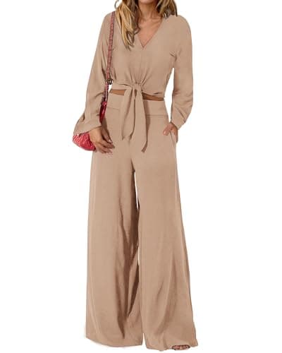 PrettyGarden Women's 2025 Spring V Neck Crop Top & Wide Leg Palazzo Pants Outfit Sets