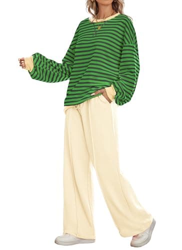Kikibell Women's Striped Color Block Sweatshirt & Wide Leg Pants Trendy Tracksuit