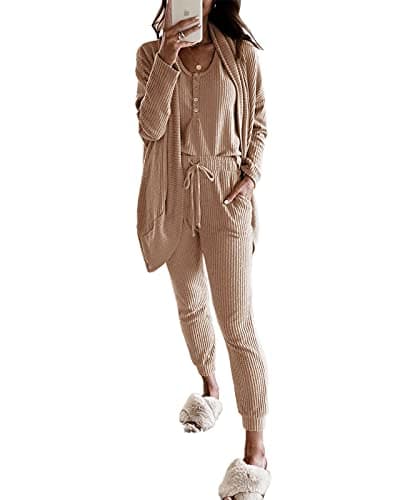 Fessceruna Women's Waffle Knit Lounge Set Tank Top & Long Sleeve Cardigan Pants