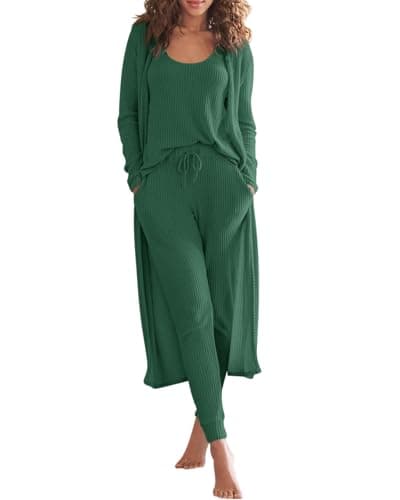 Eurivicy Women's Waffle Knit 3-Piece Lounge Set with Long Cardigan
