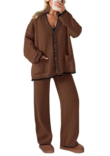 PRETTYGARDEN Women's Matching Lounge Sets Knit Cardigan & Wide Leg Pants
