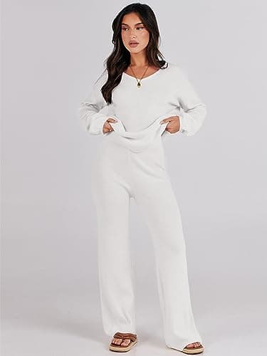 ANRABESS Women's Long Sleeve Cable Knit Outfit with Wide Leg Pants