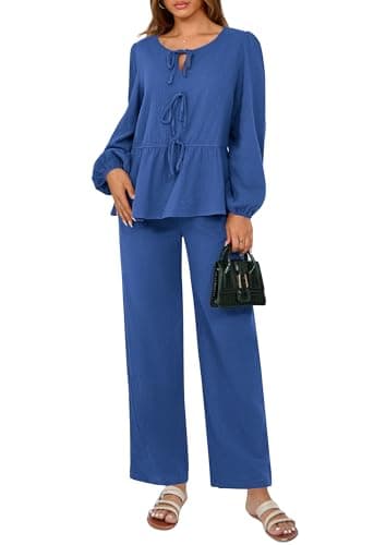 PRETTYGARDEN Women's Tie Front Long Sleeve Top & Wide Leg Pant Loungewear Set